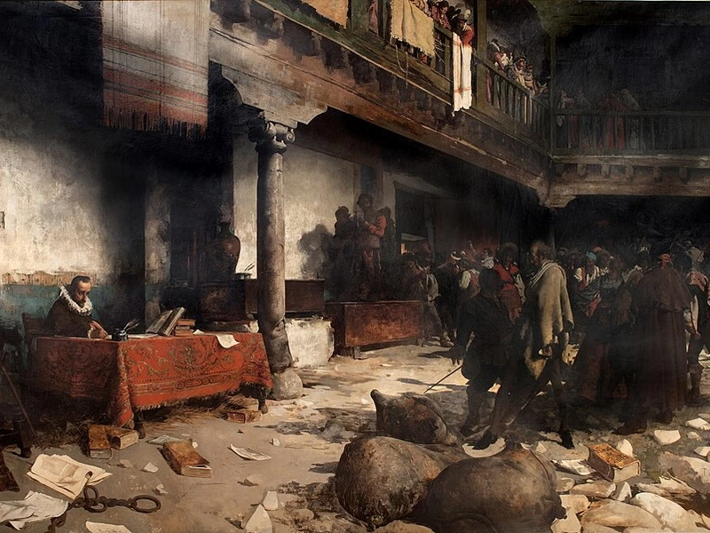 1846-Ángel Lizcano Monedero - Miguel de Cervantes Saavedra scrive nel cortile della Posada de la Sangre a Toledo.